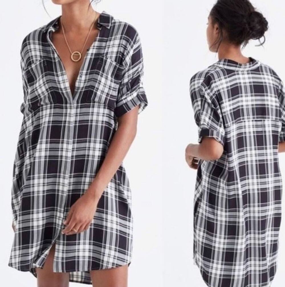 Madewell Flannel Daywalk Mini Shirtdress Plaid Cotton Pockets White Black XXS